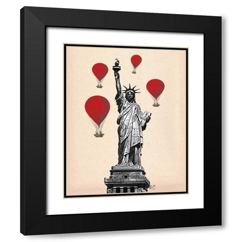 Statue Of Liberty and Red Hot Air Balloons Black Modern Wood Framed Art Print with Double Matting by Fab Funky