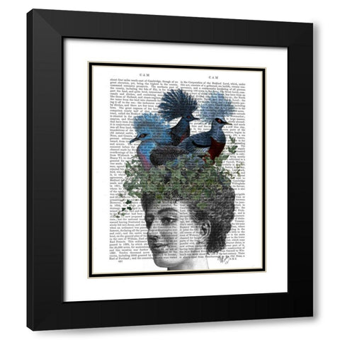 Woman with Blue Birds On Head Black Modern Wood Framed Art Print with Double Matting by Fab Funky