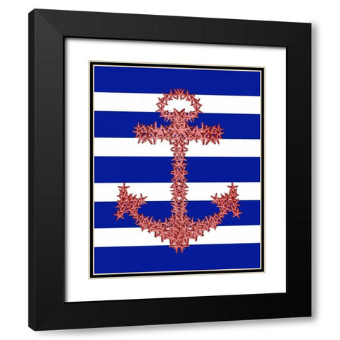 Red Starfish Anchor on Blue and White Black Modern Wood Framed Art Print with Double Matting by Fab Funky