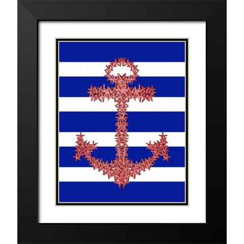 Red Starfish Anchor on Blue and White Black Modern Wood Framed Art Print with Double Matting by Fab Funky