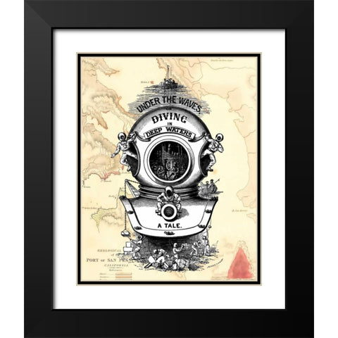 Diving Helmet on Map Black Modern Wood Framed Art Print with Double Matting by Fab Funky