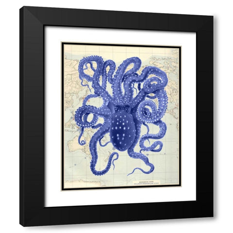 Blue Octopus 2 on Nautical Map Black Modern Wood Framed Art Print with Double Matting by Fab Funky