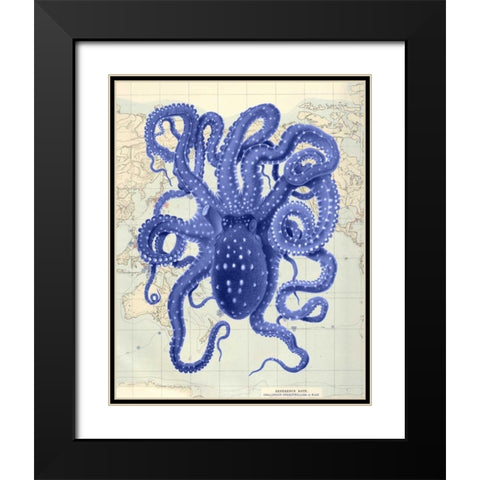 Blue Octopus 2 on Nautical Map Black Modern Wood Framed Art Print with Double Matting by Fab Funky