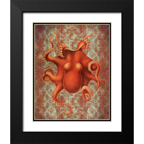 Octopus 4 Red Damask Black Modern Wood Framed Art Print with Double Matting by Fab Funky