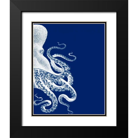 Octopus Navy Blue and Cream b Black Modern Wood Framed Art Print with Double Matting by Fab Funky