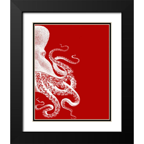 Octopus Red and White b Black Modern Wood Framed Art Print with Double Matting by Fab Funky