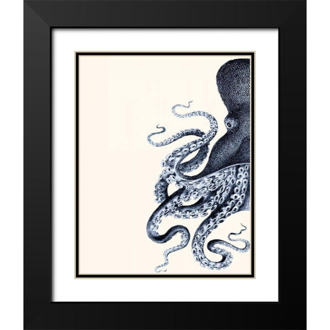 Octopus Indigo Blue and Cream A Black Modern Wood Framed Art Print with Double Matting by Fab Funky