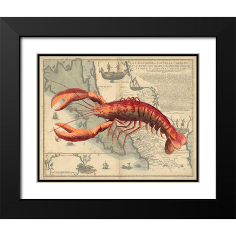 Lobster print on Nautical Map Black Modern Wood Framed Art Print with Double Matting by Fab Funky