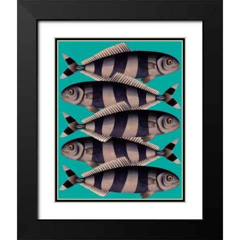 Blue Striped Fish Black Modern Wood Framed Art Print with Double Matting by Fab Funky