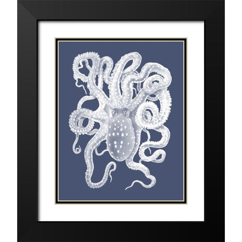 White Octopus on Indigo Blue a Black Modern Wood Framed Art Print with Double Matting by Fab Funky