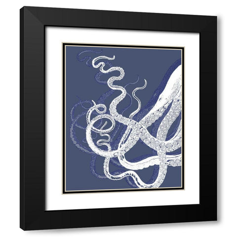 White Octopus on Indigo Blue c Black Modern Wood Framed Art Print with Double Matting by Fab Funky