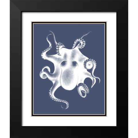 White Octopus on Indigo Blue d Black Modern Wood Framed Art Print with Double Matting by Fab Funky