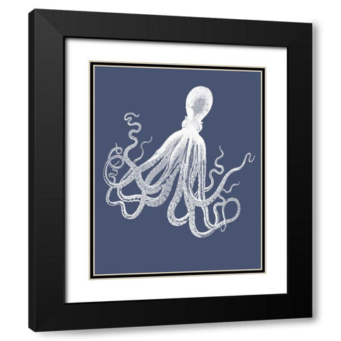 White Octopus on Indigo Blue e Black Modern Wood Framed Art Print with Double Matting by Fab Funky