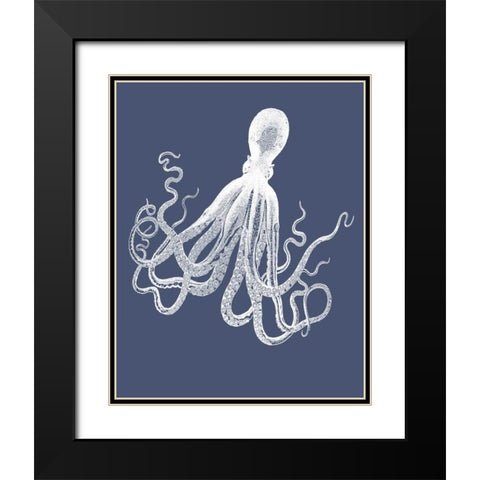 White Octopus on Indigo Blue e Black Modern Wood Framed Art Print with Double Matting by Fab Funky