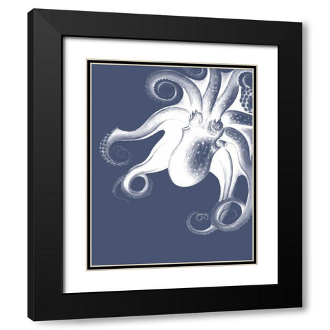 White Octopus on Indigo Blue f Black Modern Wood Framed Art Print with Double Matting by Fab Funky