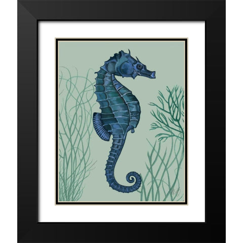 Blue Seahorses on Light Green Sage a Black Modern Wood Framed Art Print with Double Matting by Fab Funky