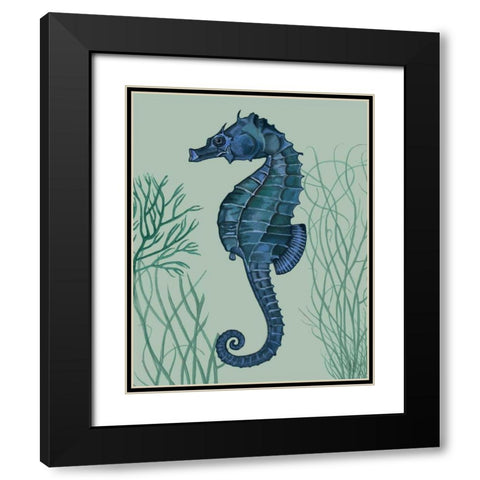 Blue Seahorses on Light Green Sage b Black Modern Wood Framed Art Print with Double Matting by Fab Funky