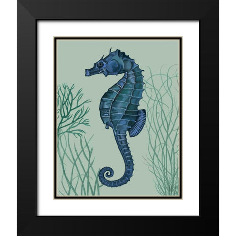 Blue Seahorses on Light Green Sage b Black Modern Wood Framed Art Print with Double Matting by Fab Funky