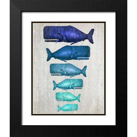 Whale Family Blue On White Black Modern Wood Framed Art Print with Double Matting by Fab Funky
