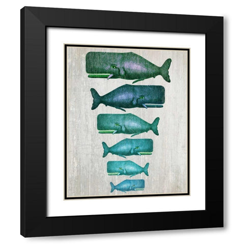 Whale Family Green on White Black Modern Wood Framed Art Print with Double Matting by Fab Funky