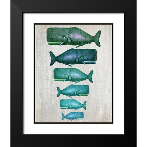 Whale Family Green on White Black Modern Wood Framed Art Print with Double Matting by Fab Funky