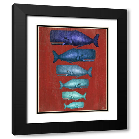 Whale Family Blue on Red Black Modern Wood Framed Art Print with Double Matting by Fab Funky