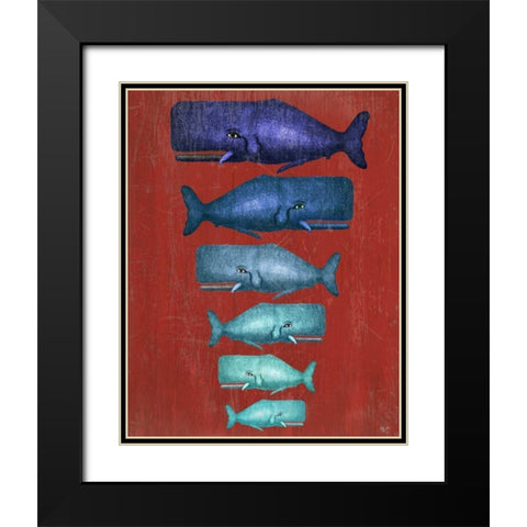 Whale Family Blue on Red Black Modern Wood Framed Art Print with Double Matting by Fab Funky