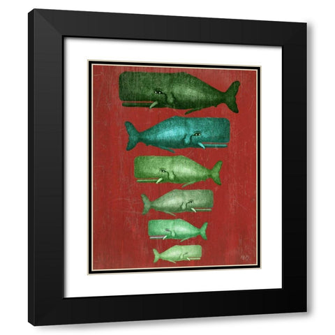 Whale Family Green on Red Black Modern Wood Framed Art Print with Double Matting by Fab Funky