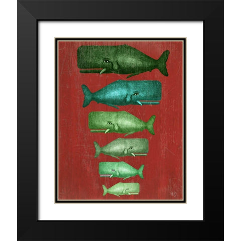 Whale Family Green on Red Black Modern Wood Framed Art Print with Double Matting by Fab Funky