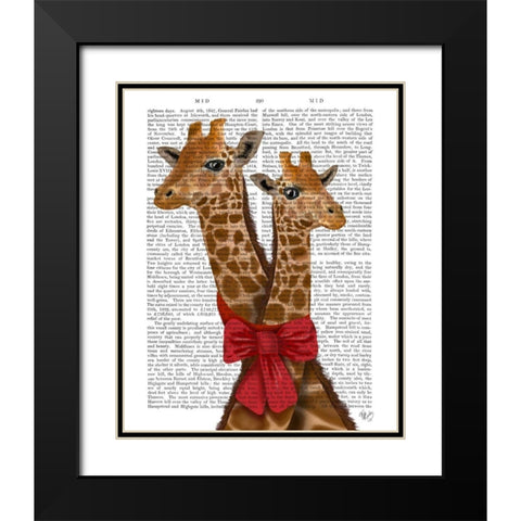 Giraffes and Bow Black Modern Wood Framed Art Print with Double Matting by Fab Funky