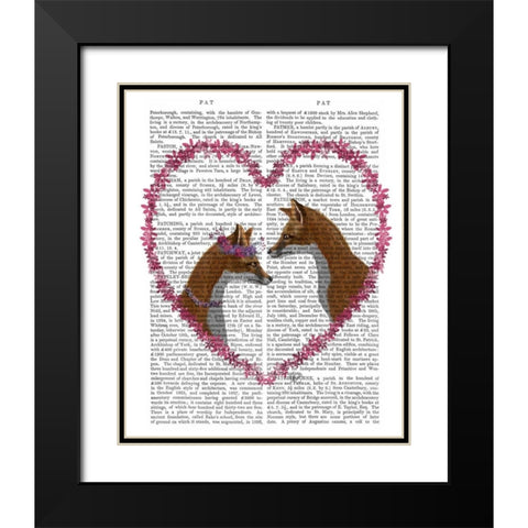 Foxes in Pink Heart Black Modern Wood Framed Art Print with Double Matting by Fab Funky