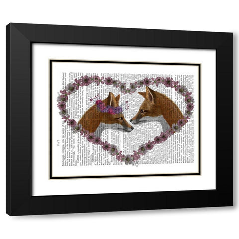 Foxes in Flowers Black Modern Wood Framed Art Print with Double Matting by Fab Funky