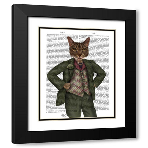 Cat in Tartan Waistcoat Black Modern Wood Framed Art Print with Double Matting by Fab Funky