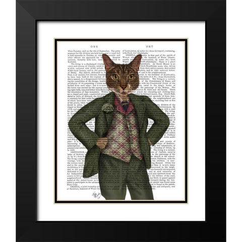 Cat in Tartan Waistcoat Black Modern Wood Framed Art Print with Double Matting by Fab Funky