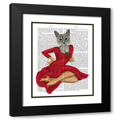 Grey Cat with White Rose Black Modern Wood Framed Art Print with Double Matting by Fab Funky