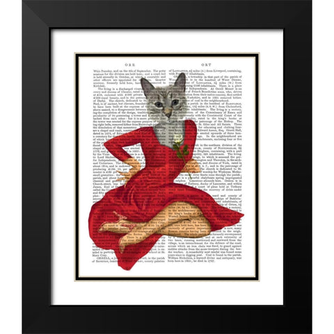Grey Cat with White Rose Black Modern Wood Framed Art Print with Double Matting by Fab Funky