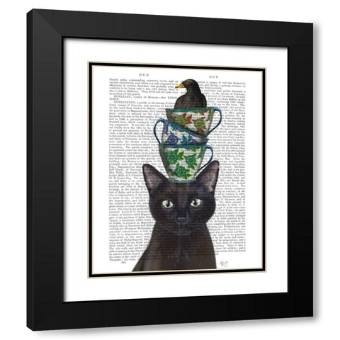 Black Cat with Teacups and Blackbird Black Modern Wood Framed Art Print with Double Matting by Fab Funky