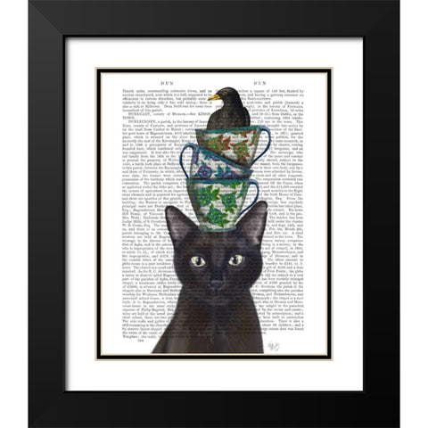 Black Cat with Teacups and Blackbird Black Modern Wood Framed Art Print with Double Matting by Fab Funky