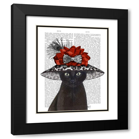 Cat, Black with Fabulous Hat Black Modern Wood Framed Art Print with Double Matting by Fab Funky