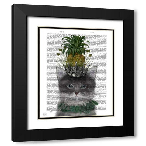 Cat, Pineapple Puss Black Modern Wood Framed Art Print with Double Matting by Fab Funky