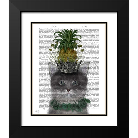 Cat, Pineapple Puss Black Modern Wood Framed Art Print with Double Matting by Fab Funky
