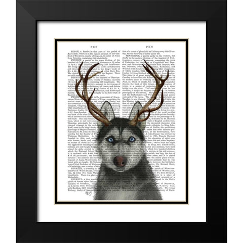 Husky and Antlers Black Modern Wood Framed Art Print with Double Matting by Fab Funky