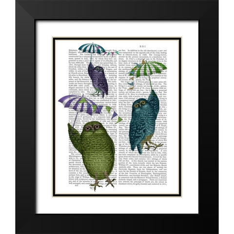 Owls with Umbrellas Black Modern Wood Framed Art Print with Double Matting by Fab Funky