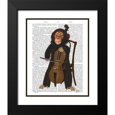 Chimp Playing Cello Black Modern Wood Framed Art Print with Double Matting by Fab Funky