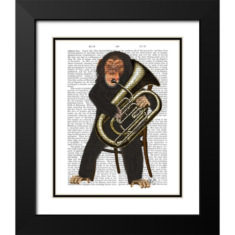 Chimp Playing Tuba Black Modern Wood Framed Art Print with Double Matting by Fab Funky
