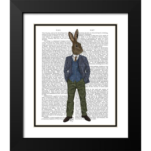 Rabbit in Blue Waistcoat Black Modern Wood Framed Art Print with Double Matting by Fab Funky