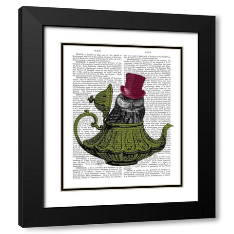 Owl In Teapot Black Modern Wood Framed Art Print with Double Matting by Fab Funky