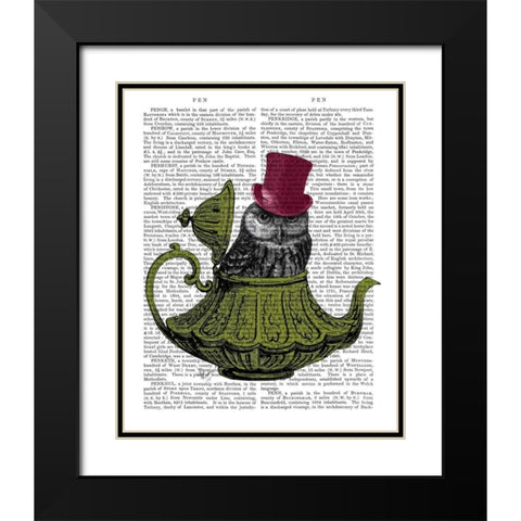 Owl In Teapot Black Modern Wood Framed Art Print with Double Matting by Fab Funky
