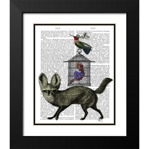 Fox With Birdcage Black Modern Wood Framed Art Print with Double Matting by Fab Funky