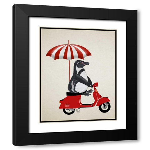 Penguin On Red Moped Black Modern Wood Framed Art Print with Double Matting by Fab Funky